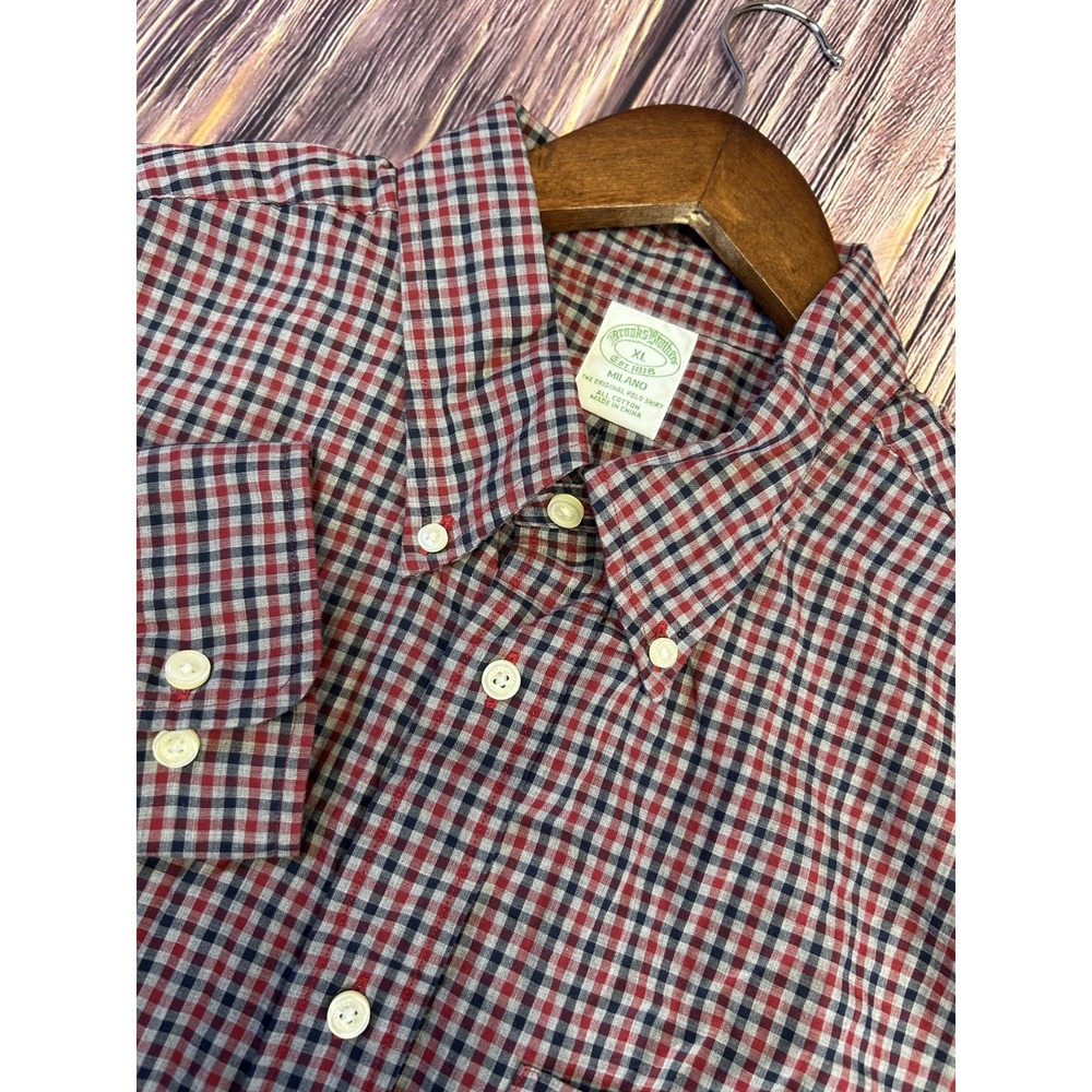 Brooks Brothers Milano‎ Shirt Mens XL Red Gray Gingham Check Oxford Non Iron